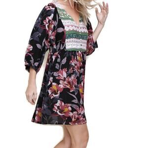 Umgee Womens Floral Boho Mixed Media Dress Medium Balloon Sleeves